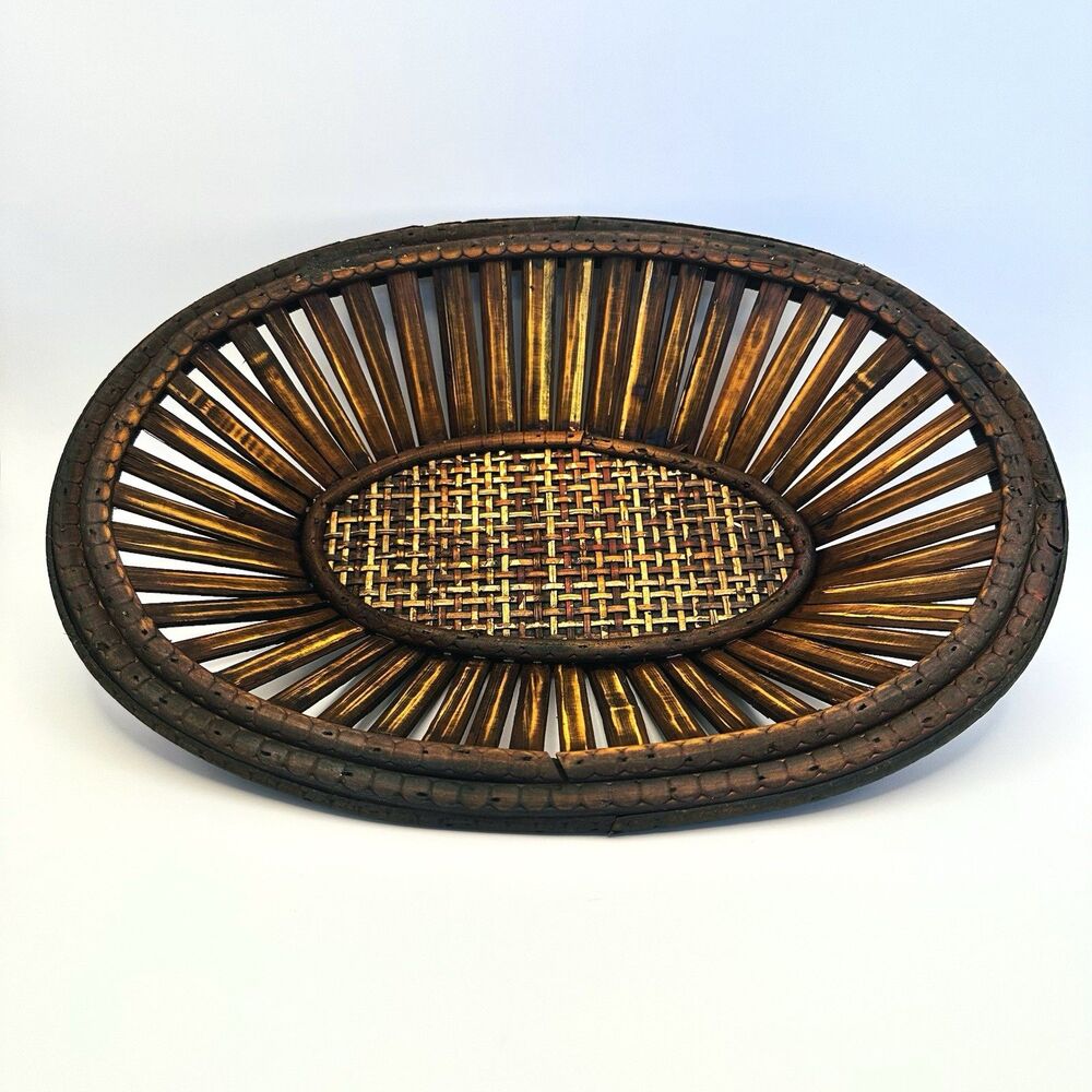 Vintage MCM Rattan Woven Basket Tray Slanted Wood Oval Fruit Bowl 12x9 Boho